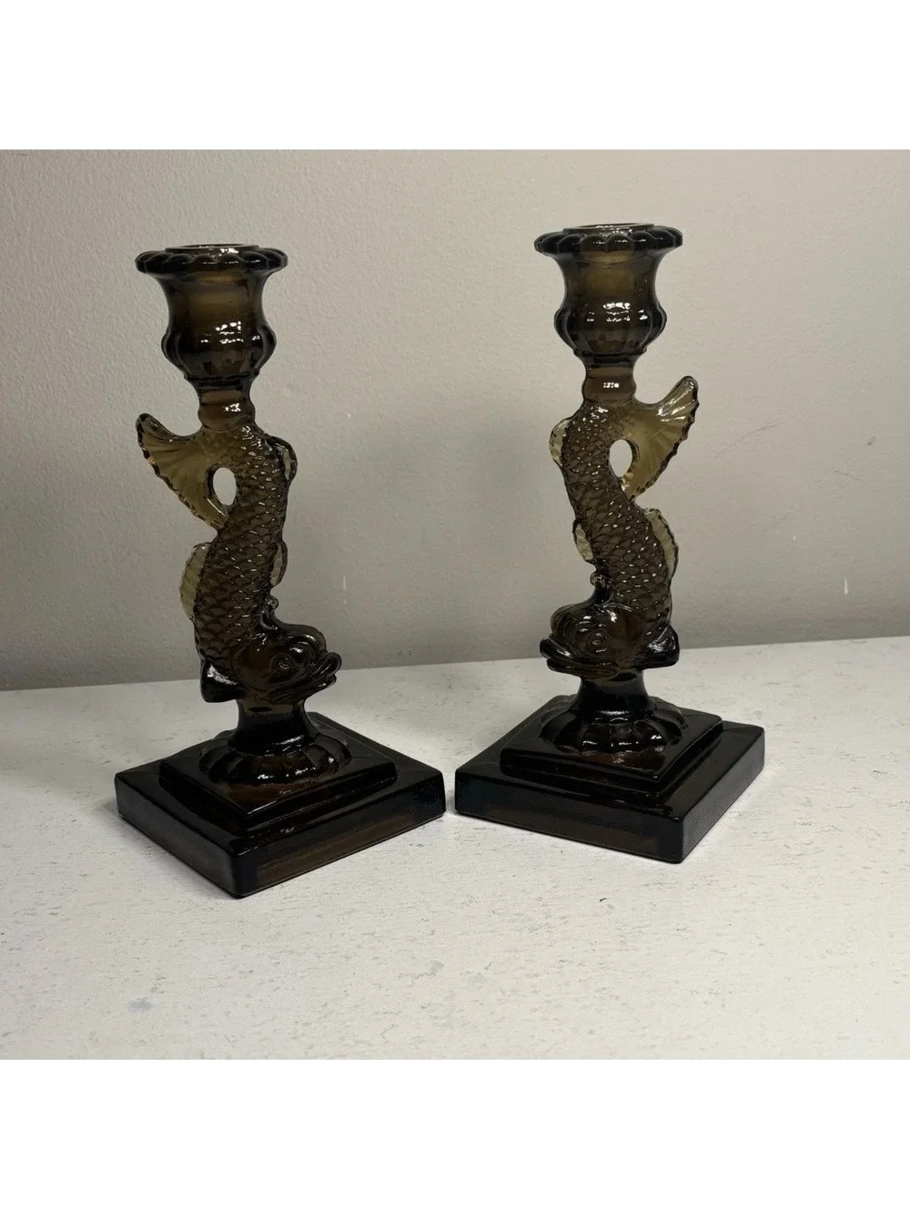 Vintage Imperial Nut Brown Dolphin/Koi Fish Candle Holders set of 2